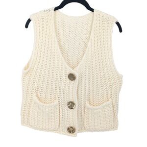 Boho Chunky Knit Vest Womens Medium Cream Gold Button Granny Cottagecore Neutral